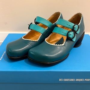 Two Blue and white Fluevog Mary Janes Size 7